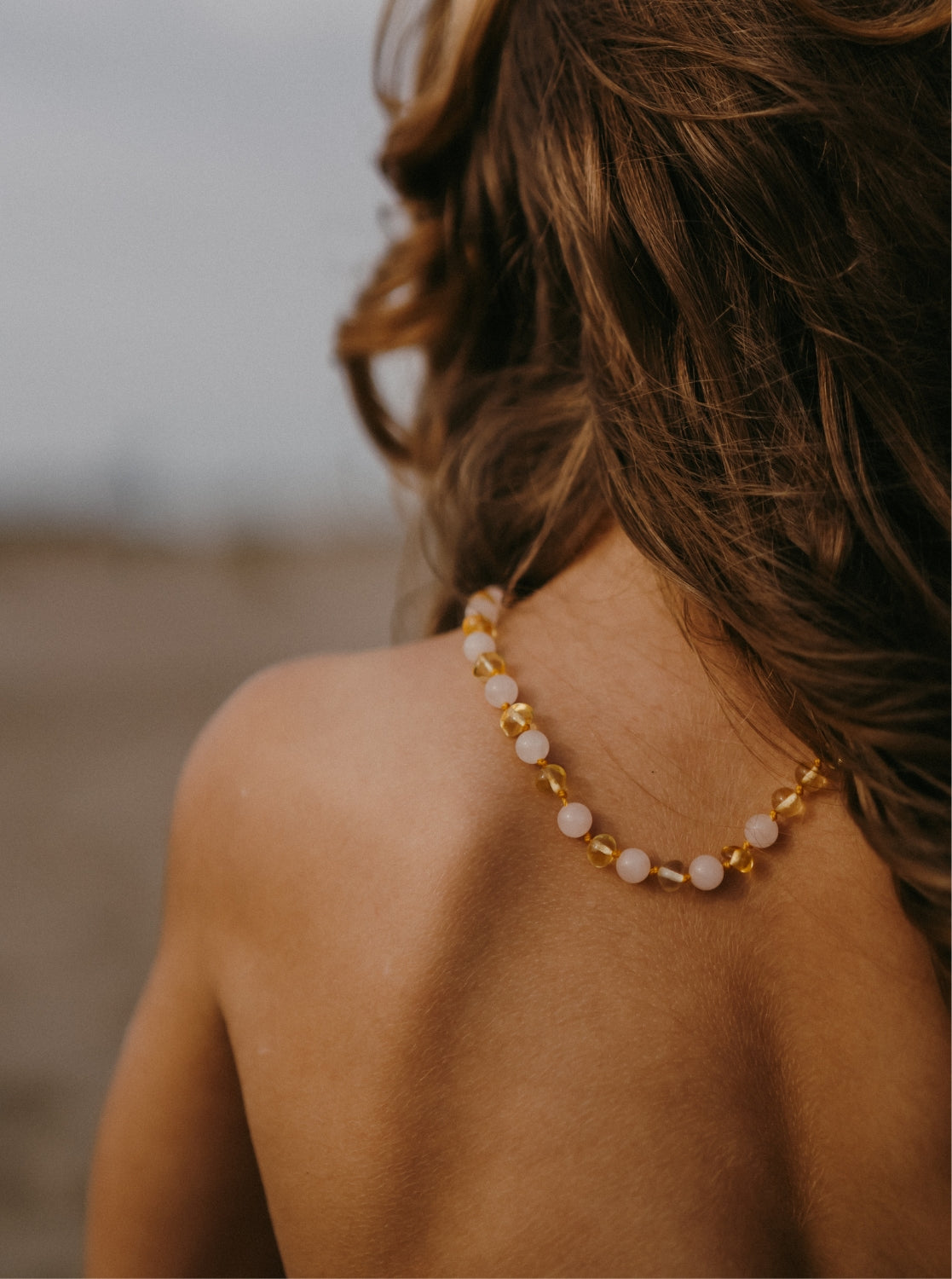 Necklace, lemon/rose quartz